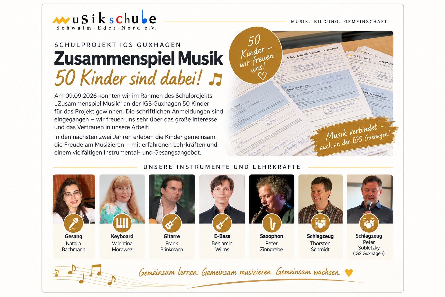 🎵 An der IGS Guxhagen großer Zuspruch. Zusammenspiel Musik. 50 Kinder. 7 Lehrer starten.